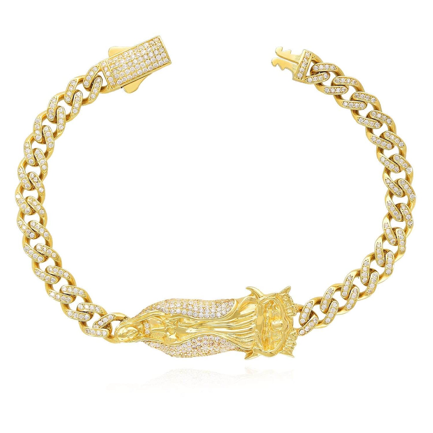 14K Gold Yellow CZ Lady Guadalupe Virgin Mary Miami Bracelet 8"