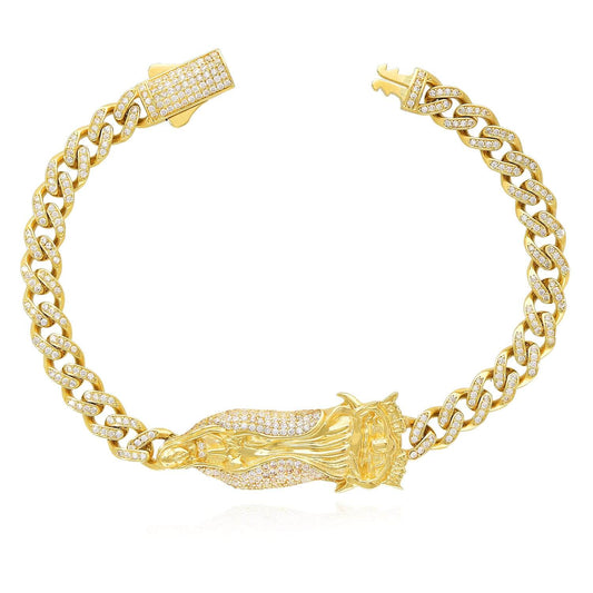 14K Yellow Gold CZ Lady Guadalupe Virgin Mary Miami Bracelet (Hollow) 8"