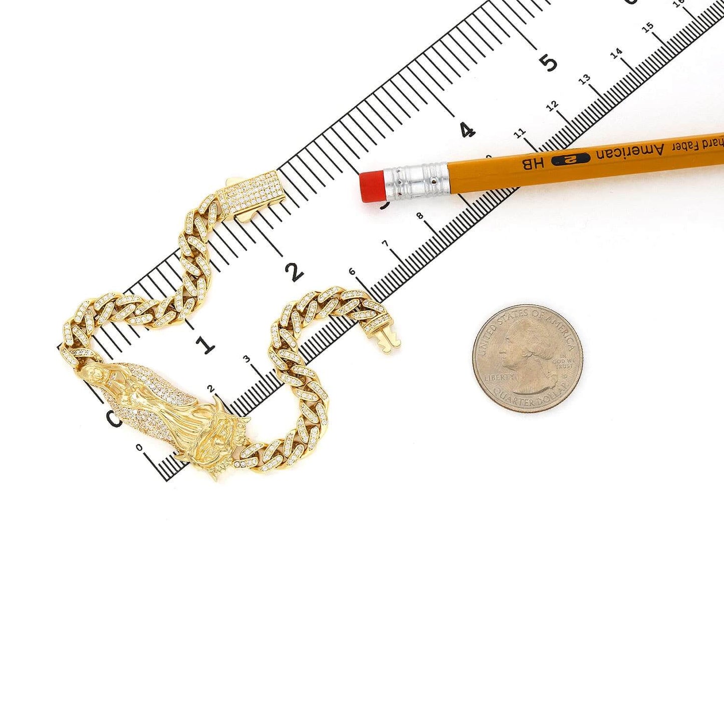 14K Gold Yellow CZ Lady Guadalupe Virgin Mary Miami Bracelet 8"