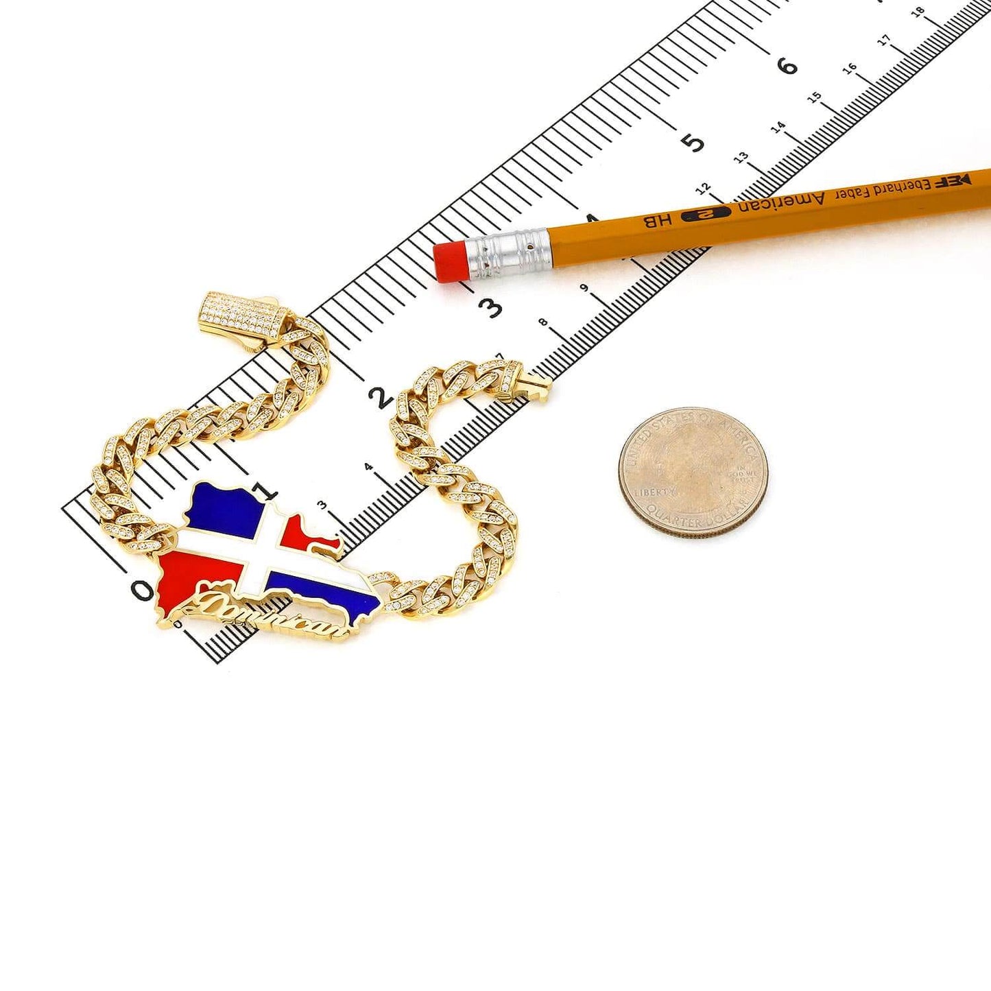 14K Gold Yellow CZ Dominican Republic Flag Miami Bracelet 8"