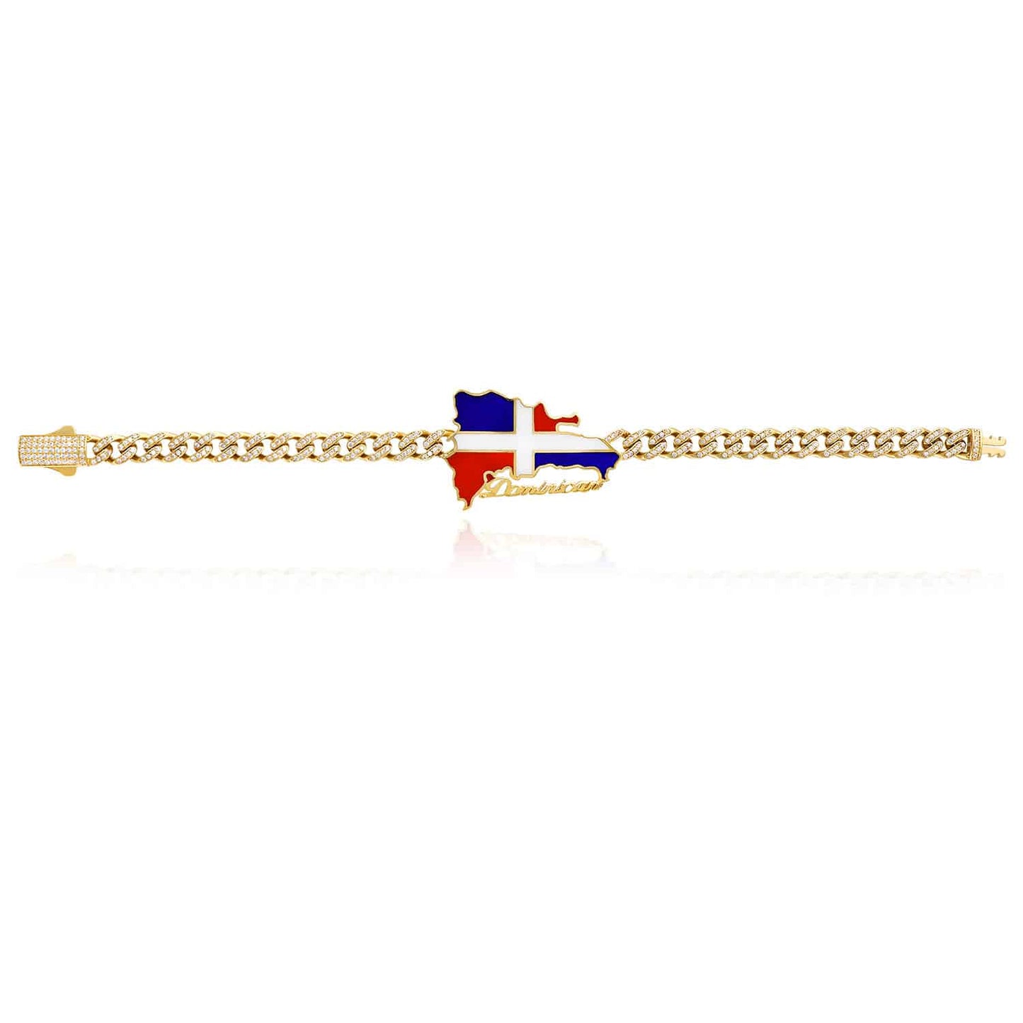 14K Gold Yellow CZ Dominican Republic Flag Miami Bracelet 8"
