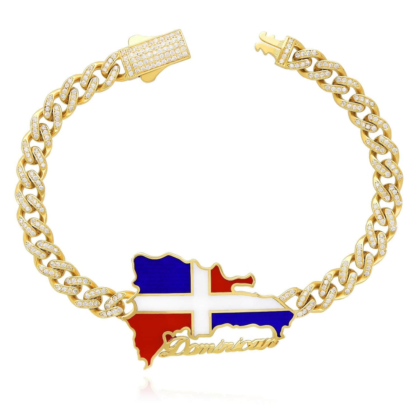 14K Gold Yellow CZ Dominican Republic Flag Miami Bracelet 8"