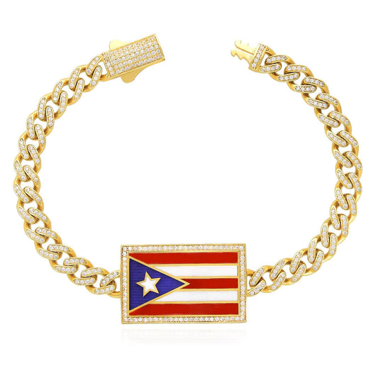 14K Yellow Gold CZ Color Puerto Rico Flag Miami Bracelet (Hollow) 8"