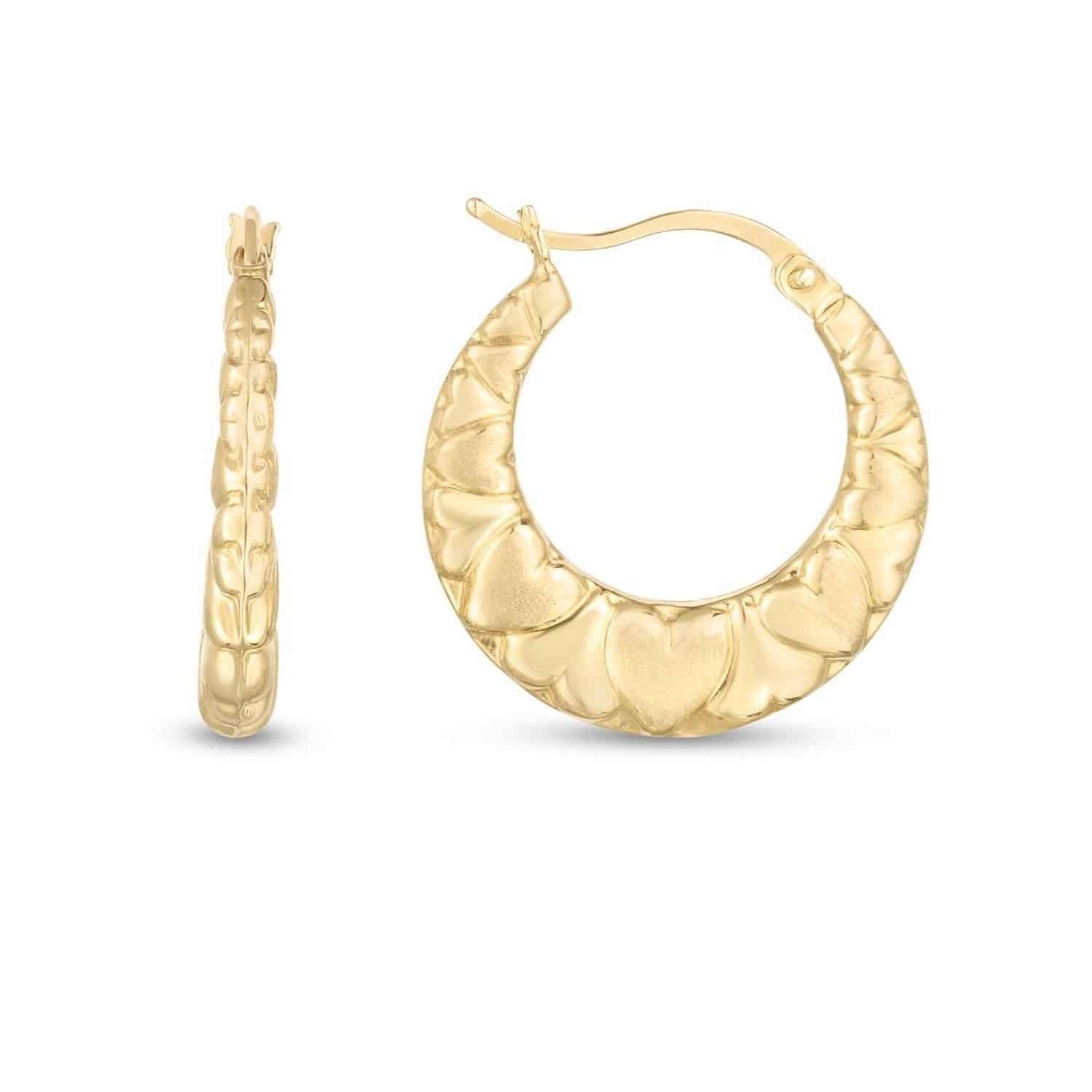 14K Yellow Gold Satin-Finish Puffed Heart Graduated Hoop Earrings 22.7mm