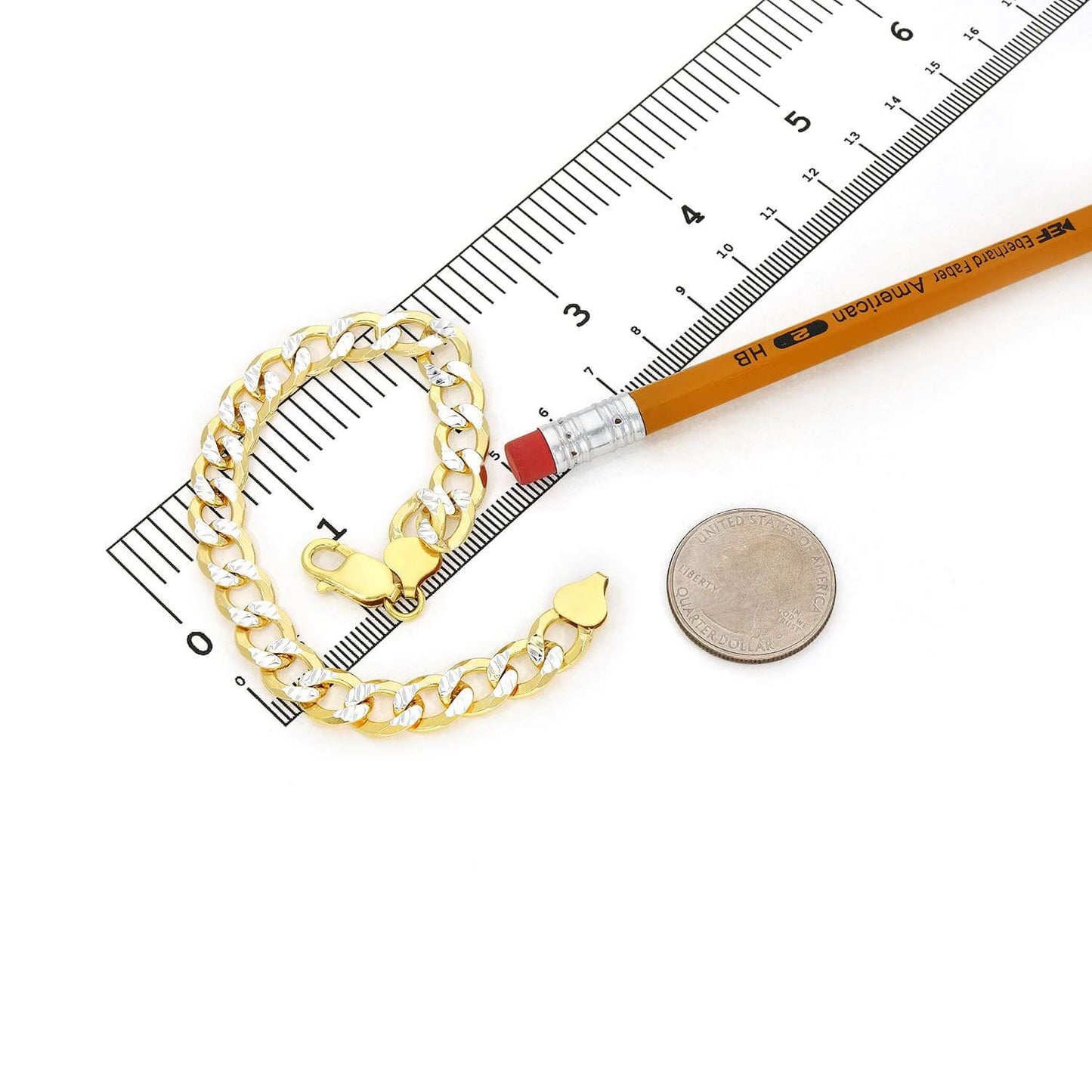 Solid 18K Yellow Gold Over Silver 8.5mm Diamond-Cut Cuban Bracelet 8"-9"
