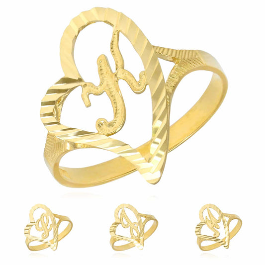 10K Yellow Gold Heart Initial Letter Ring 18mm