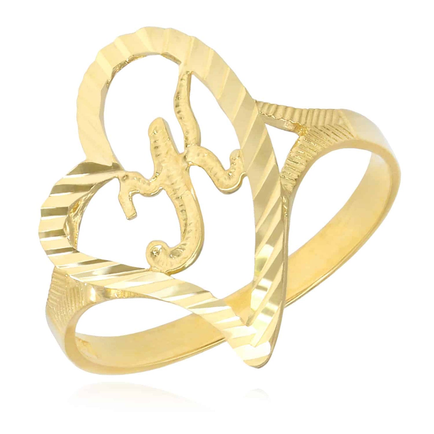 10K Yellow Gold Heart Initial Letter Ring 18mm