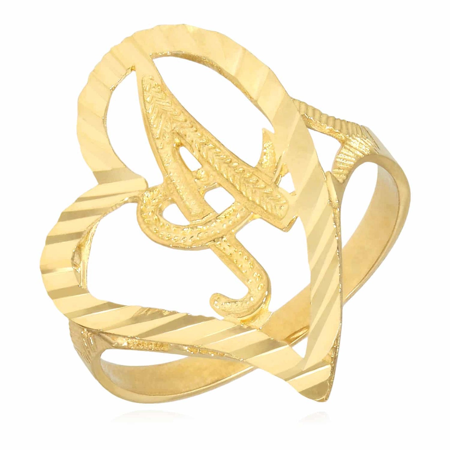10K Yellow Gold Heart Initial Letter Ring 22mm