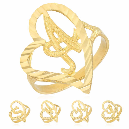 10K Yellow Gold Heart Initial Letter Ring 22mm