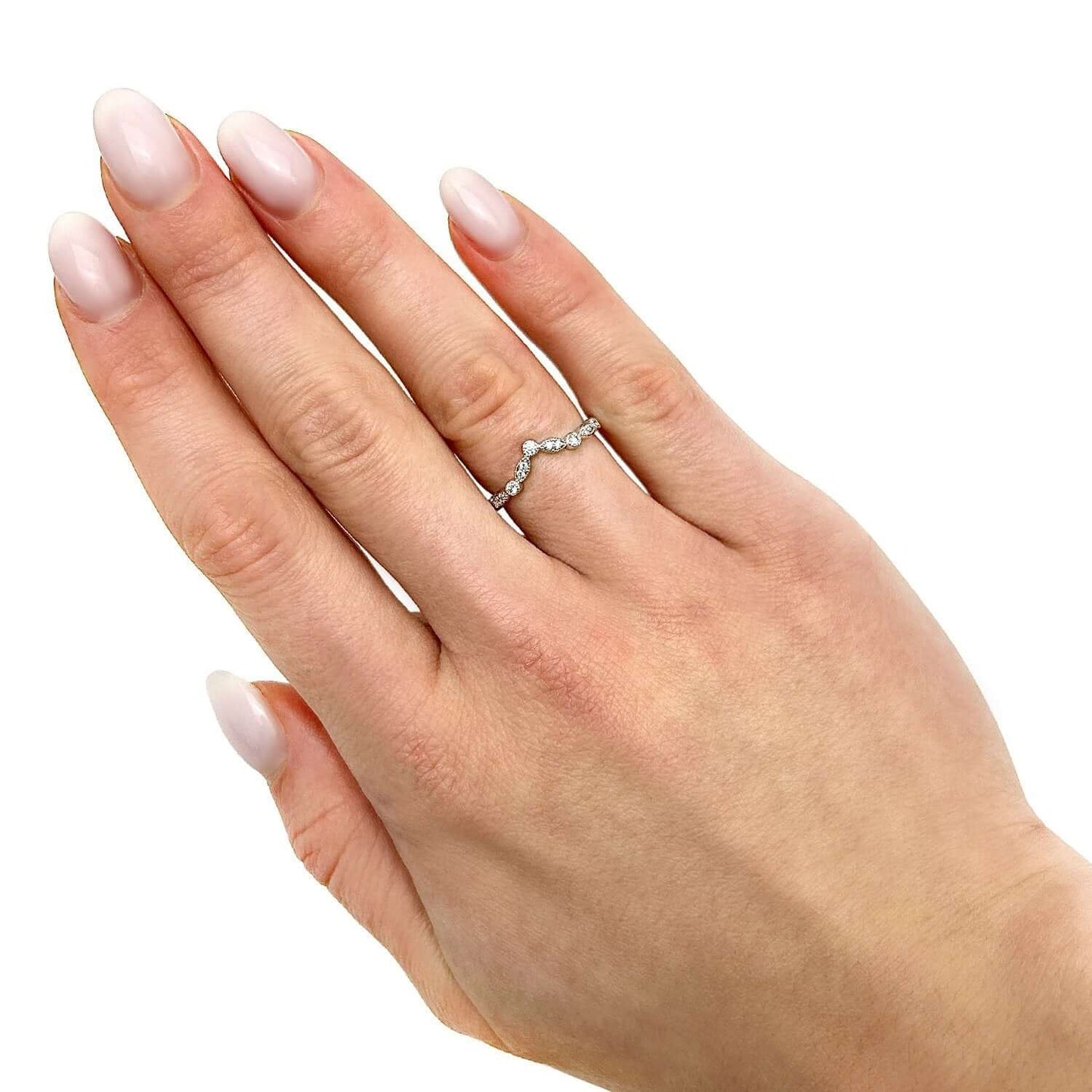 0.15CTW Natural Diamond 18K Gold White Milgrain Chevron Wedding Band Ring