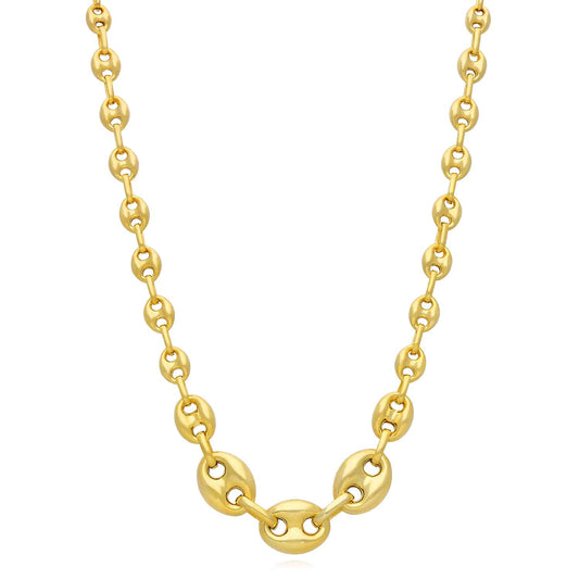 18K Yellow Gold Over Silver Puffed Anchor Mariner Graduated Necklace (Hollow) 17"