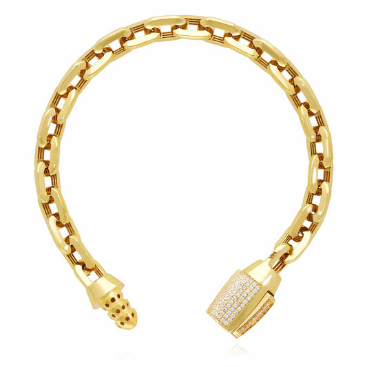 14K Gold CZ 8mm Barrel Clasp Parallel Oval Cable Bracelet (Hollow) 8"