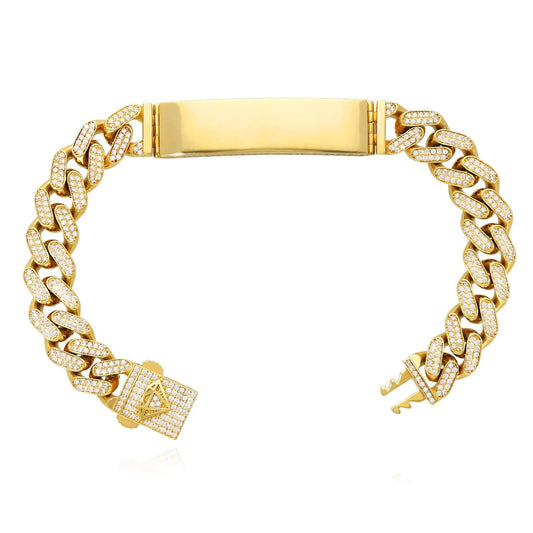 14K Yellow Gold CZ Pave 11mm Miami ID Bar Bracelet (Hollow) 8"