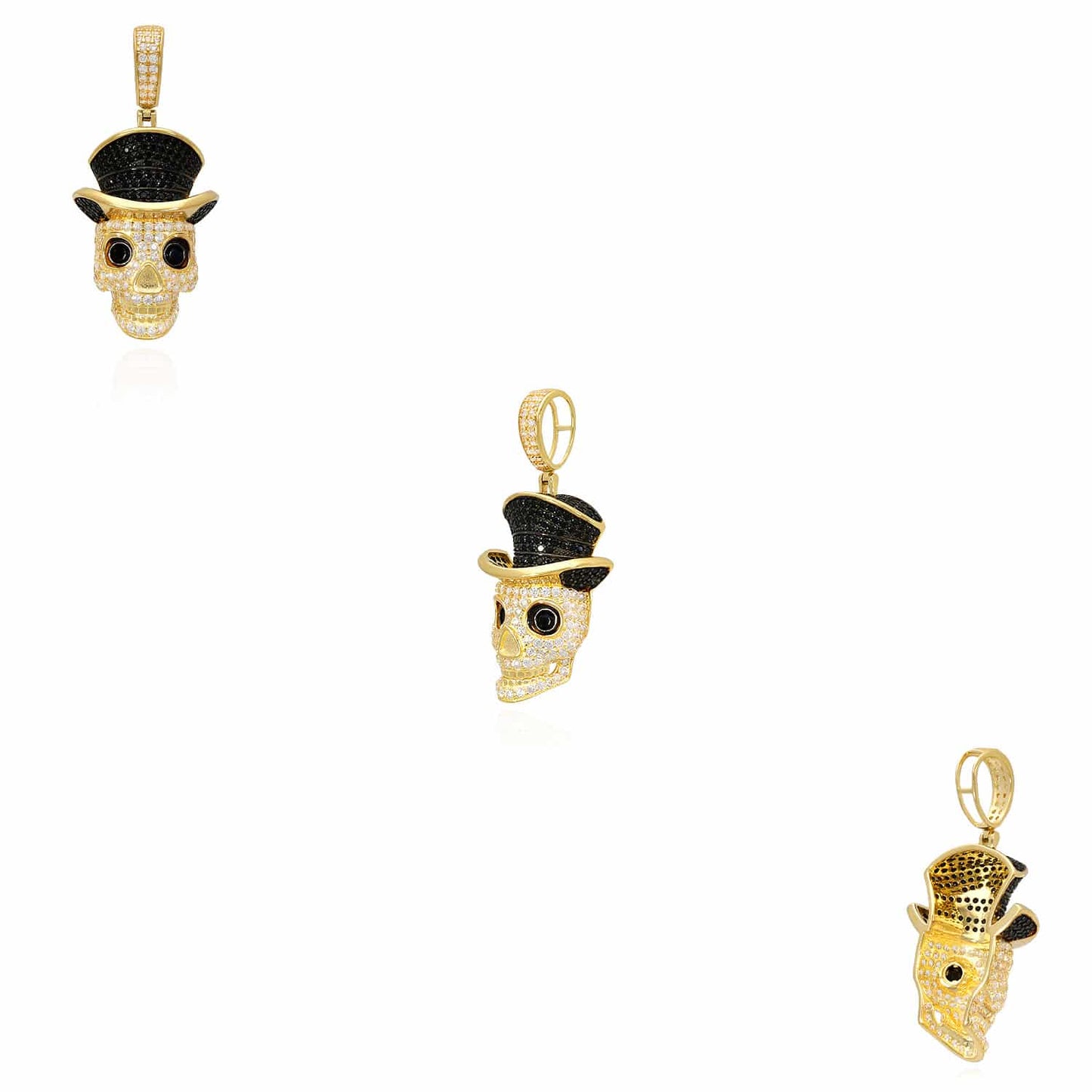 14K Yellow Gold CZ Pave Skull Irish Magician Hat Pendant 1.7"