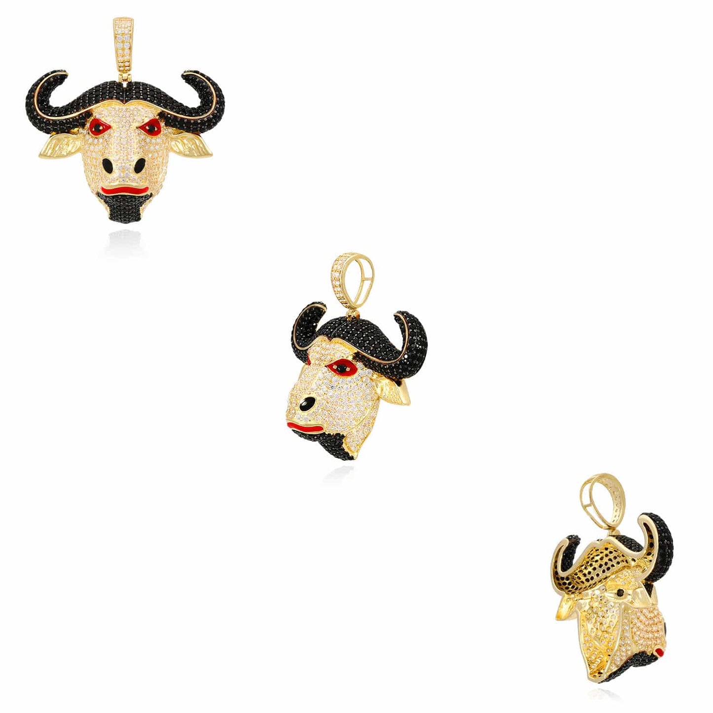 14K Yellow Gold CZ Red Eyes Bull Buffalo Pendant 1.6"