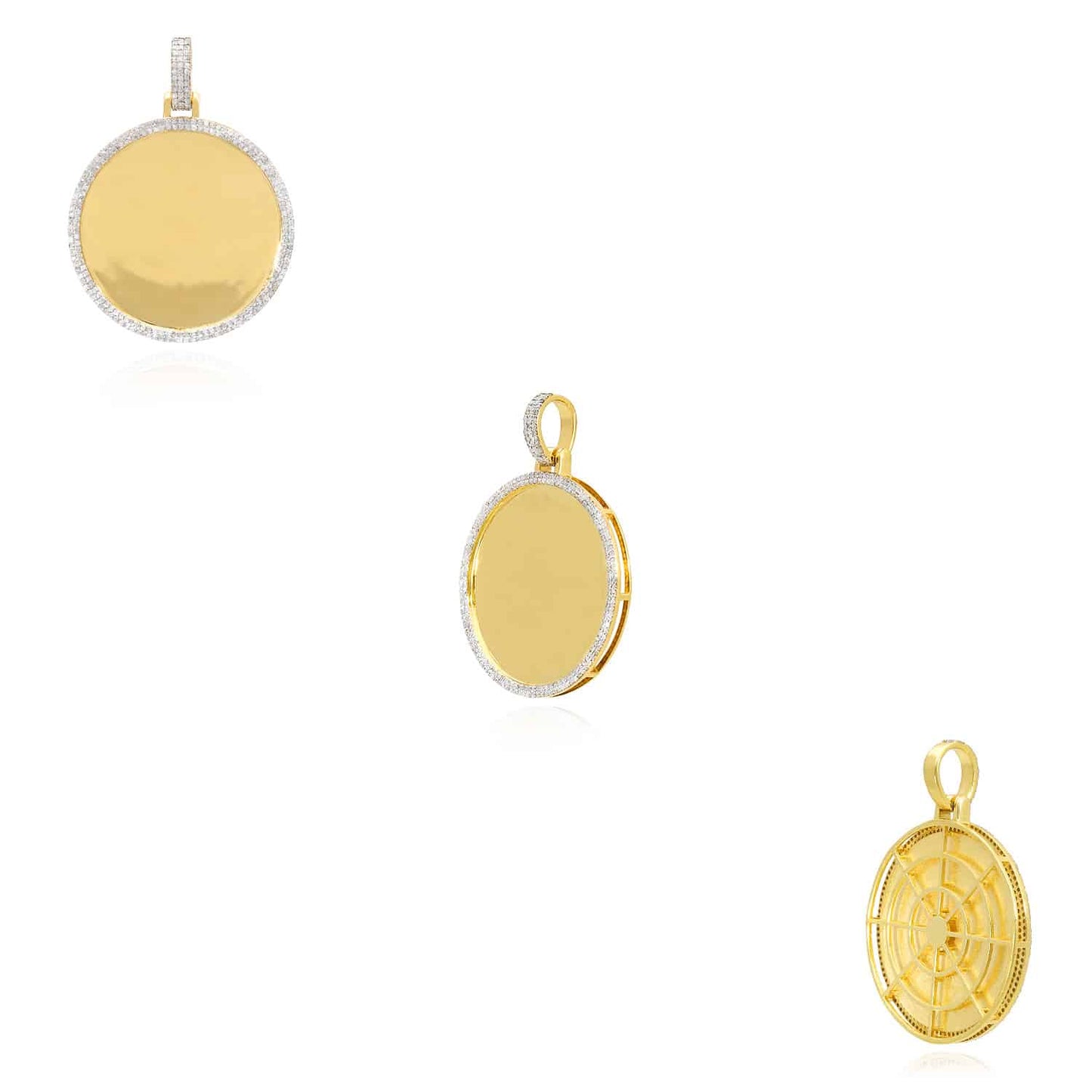 Real Diamond Pave 10K Yellow Gold Round Picture Frame Memory Pendant 1"-1.8"