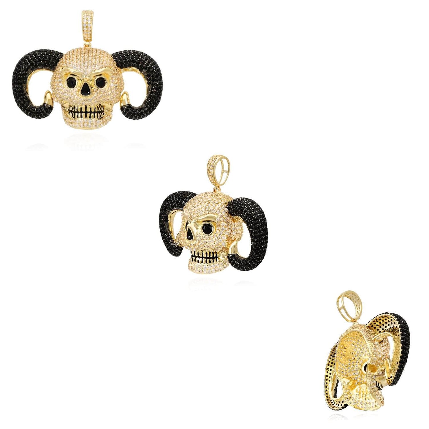 14K Yellow Gold CZ Pave Horned Ram Skull Charm Pendant 1.7"