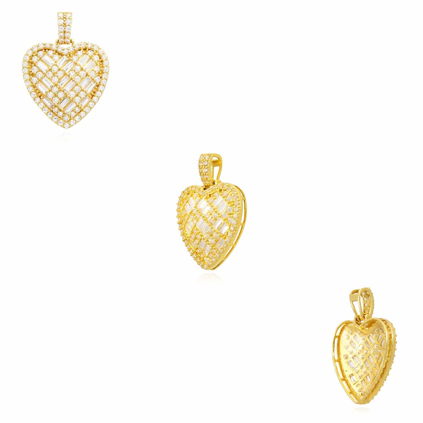 14K Yellow Gold CZ Round Baguette Pave Heart Pendant 1.1"