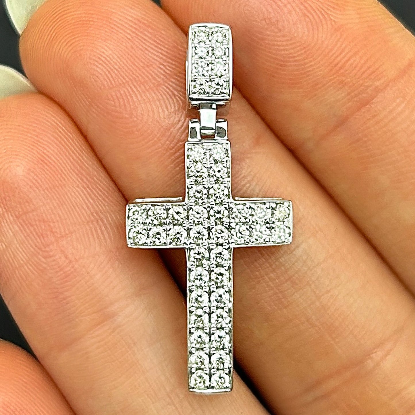 1Ct Real Diamond 14k White Gold Religious Cross Pendant 1.4"