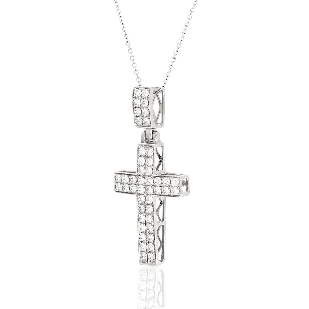 1Ct Real Diamond 14k White Gold Religious Cross Pendant 1.4"
