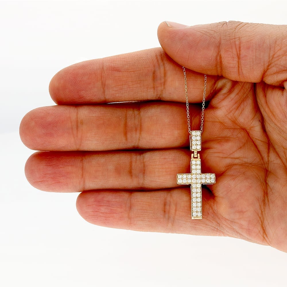 1Ct Real Diamond 14k Yellow Gold Religious Cross Pendant 1.4"