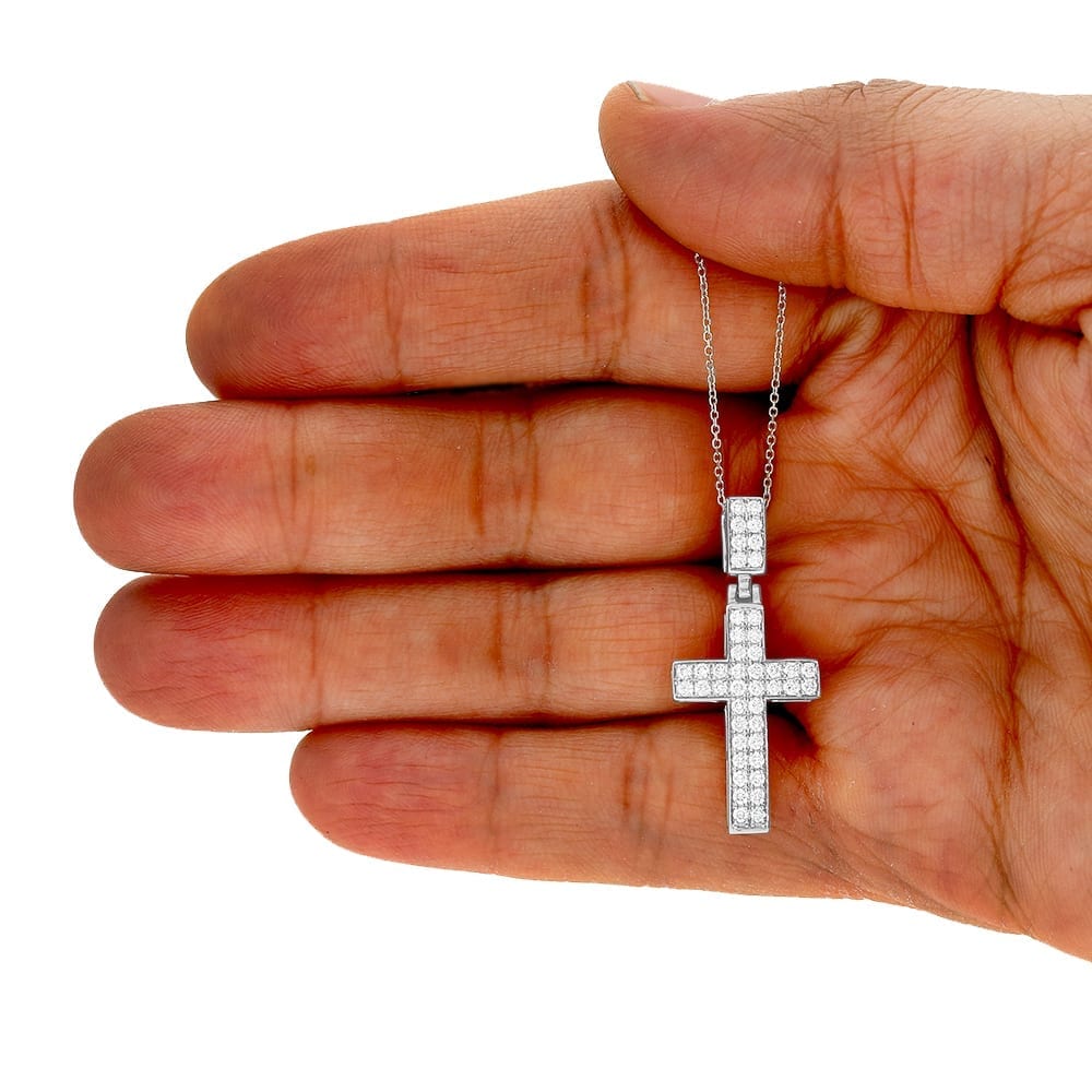 1Ct Real Diamond 14k White Gold Religious Cross Pendant 1.4"
