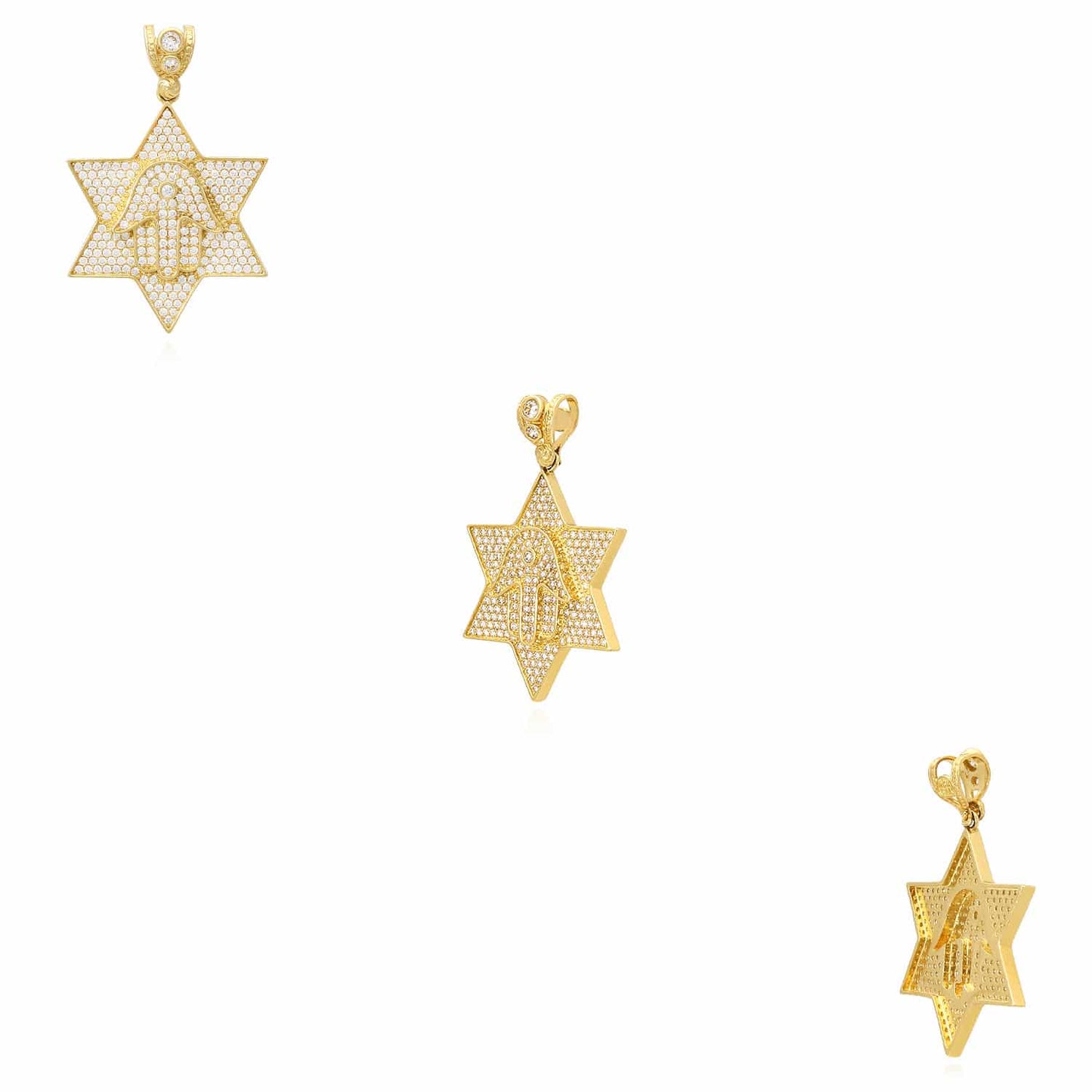 14K Yellow Gold CZ Pave Star David Hamsa Hand Charm Pendant 1.8"