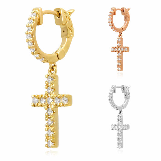 0.45CTW Natural Diamond 14K Gold Dangling Cross Hoop Earring 30mm Single Earring