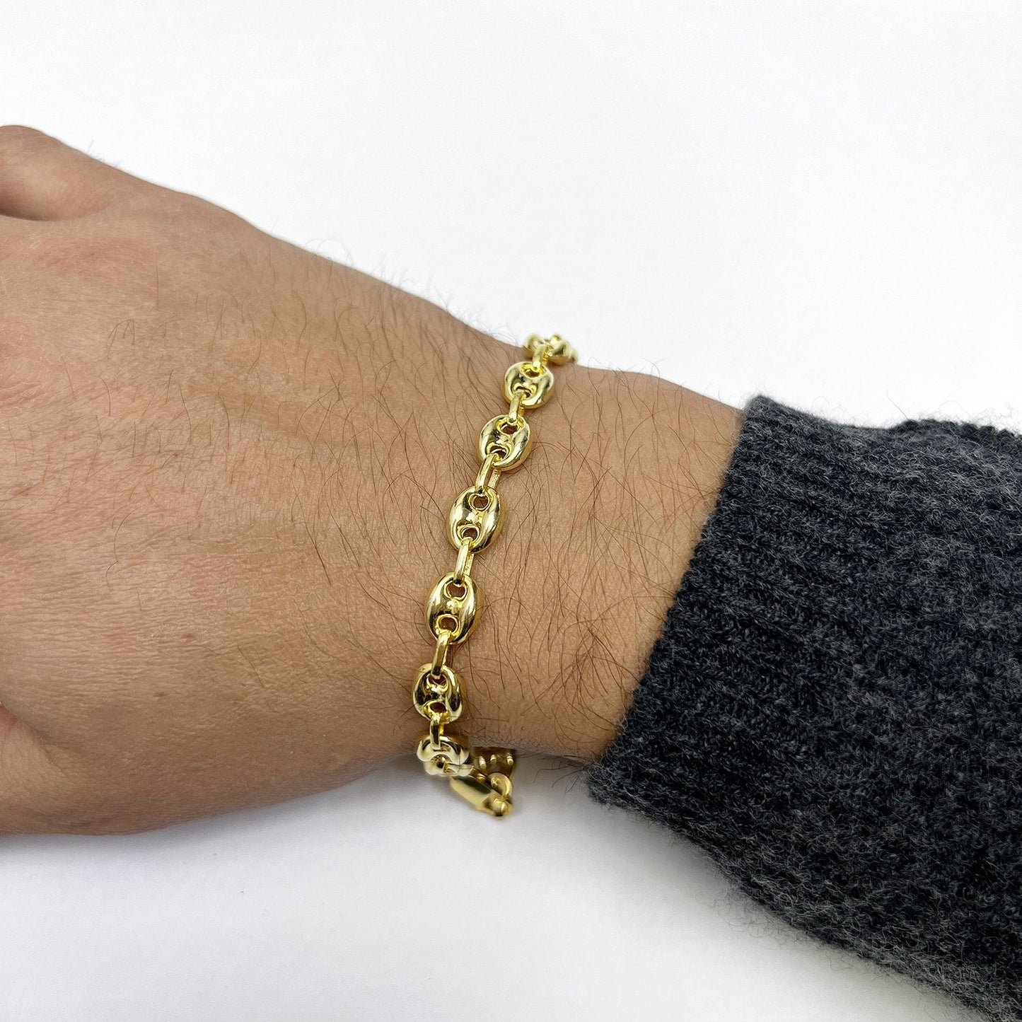 18K Yellow Gold Over Silver 8mm Puffed Anchor Mariner Bracelet 7.5"-9.5"