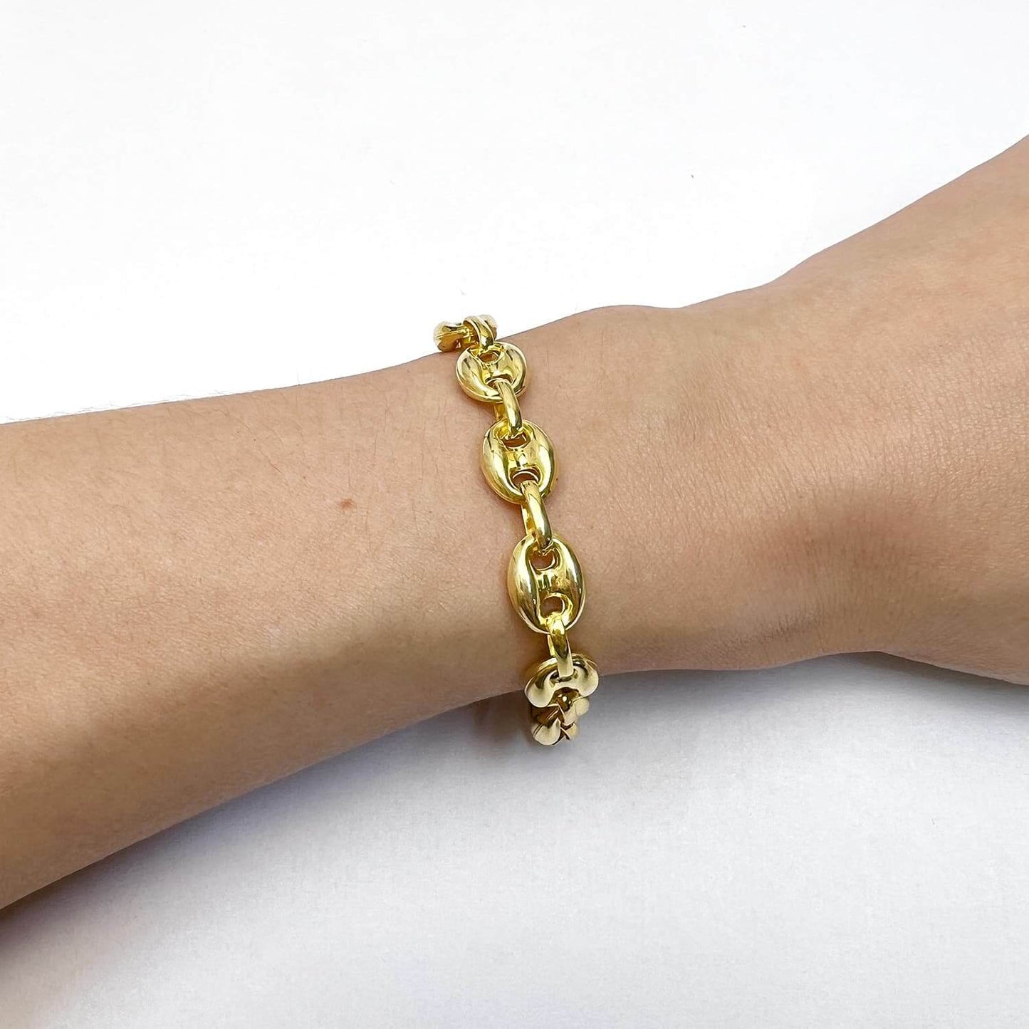 Solid 18K Yellow Gold Over Silver 9mm Puffed Anchor Mariner Bracelet 7.5"-9.25"