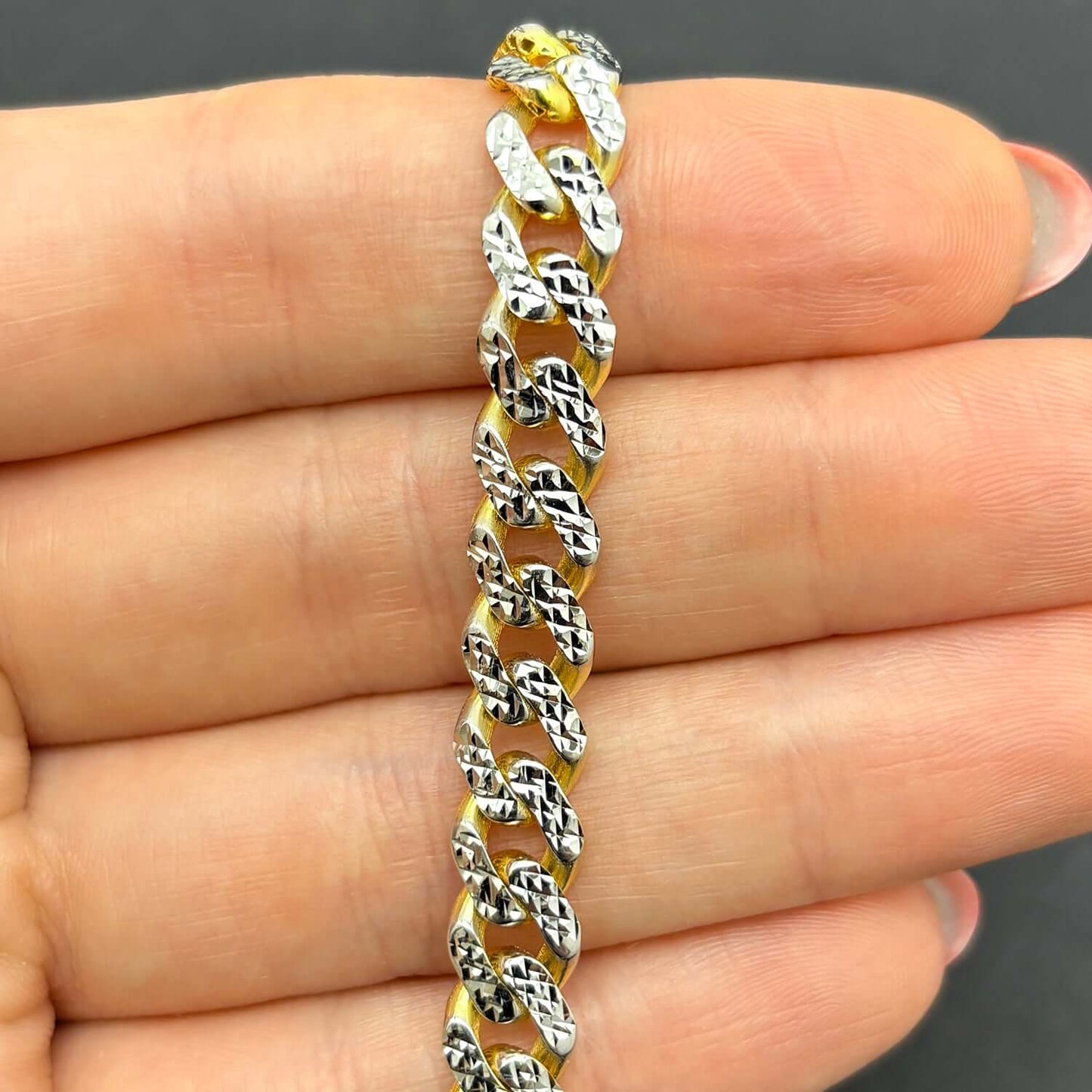 14K Gold Yellow 8mm Diamond-Cut White Pave Lite Miami Cuban Bracelet 8.25"