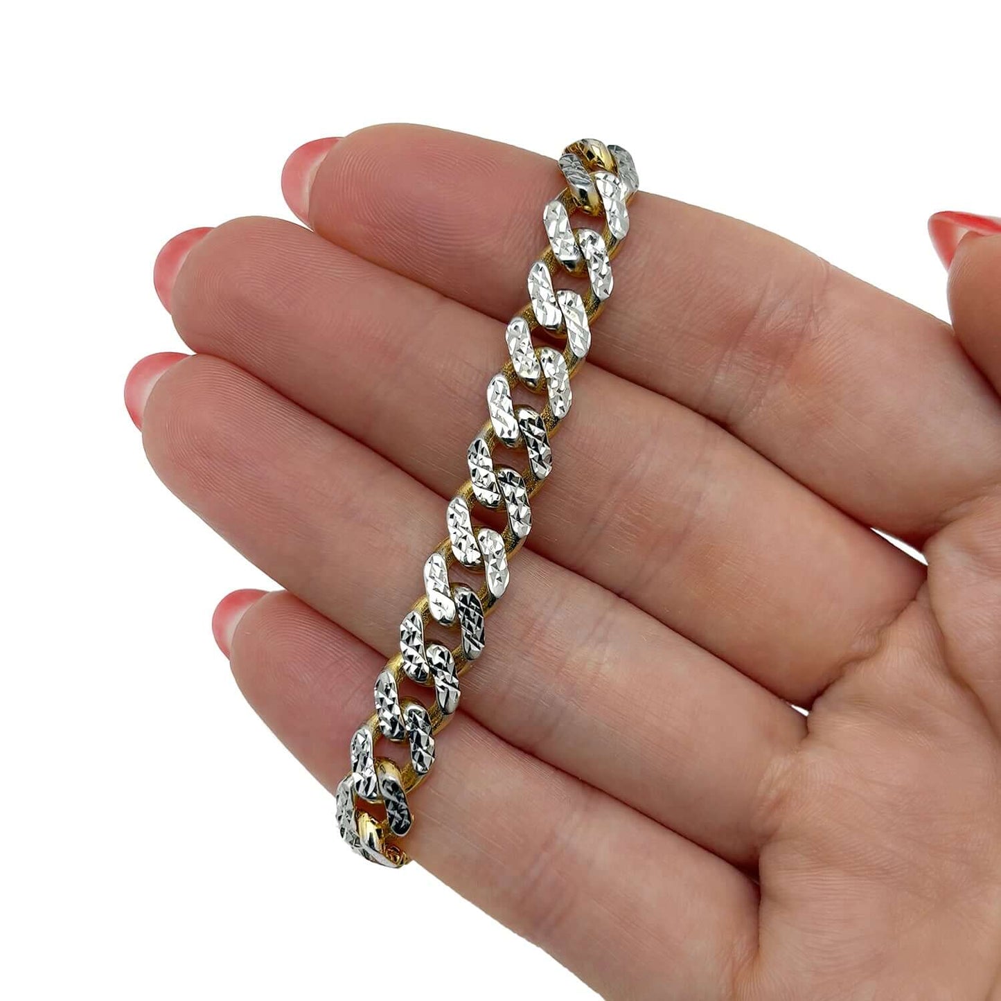14K Gold Yellow 8mm Diamond-Cut White Pave Lite Miami Cuban Bracelet 8.25"