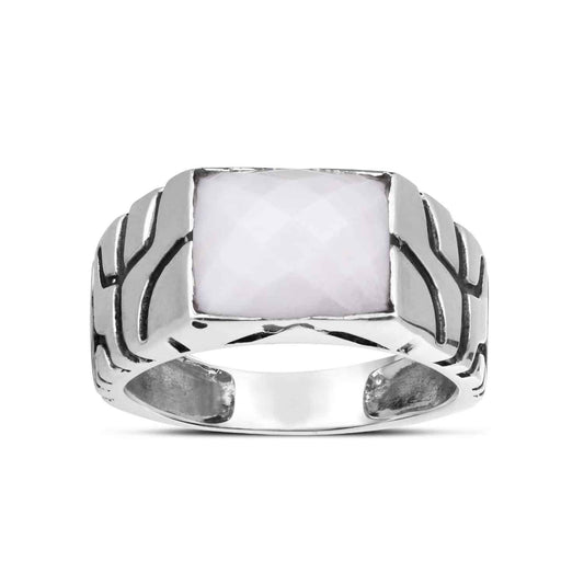925 Sterling Silver Faceted White Agate Nugget Signet Ring