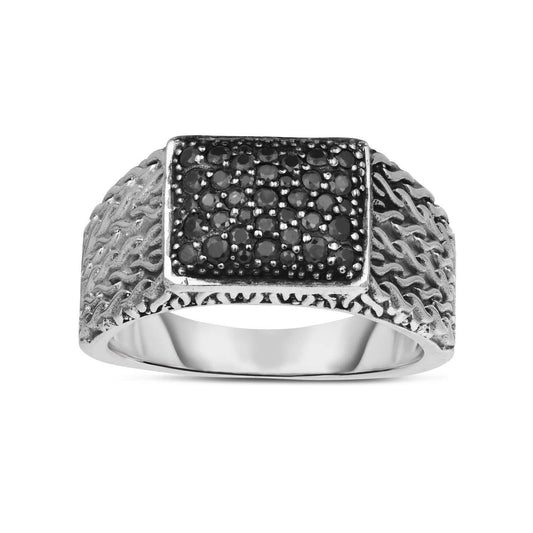 925 Sterling Silver Real Black Sapphires Woven Signet Ring