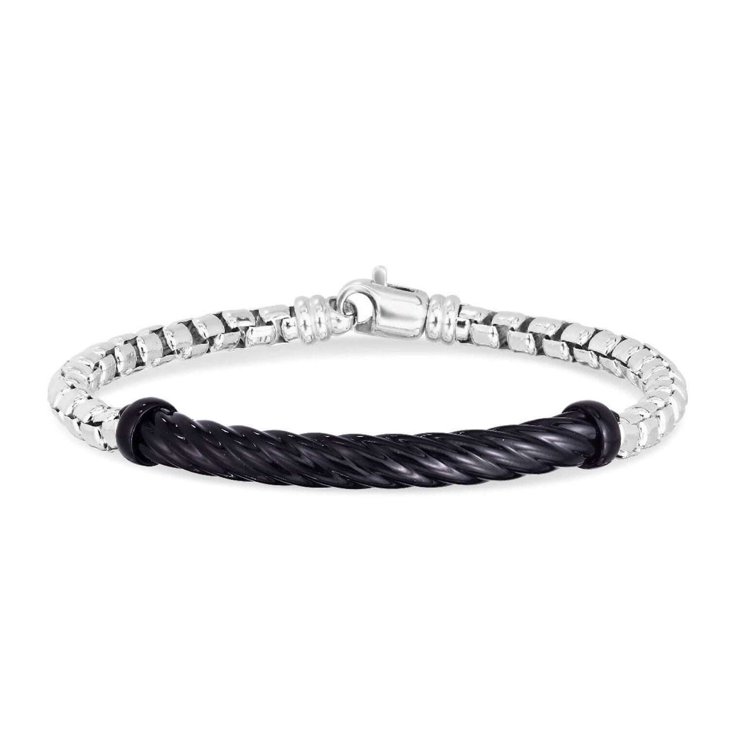 Solid Sterling Silver Italian Cable Black Enameled Men's Bar Bracelet 8.25"