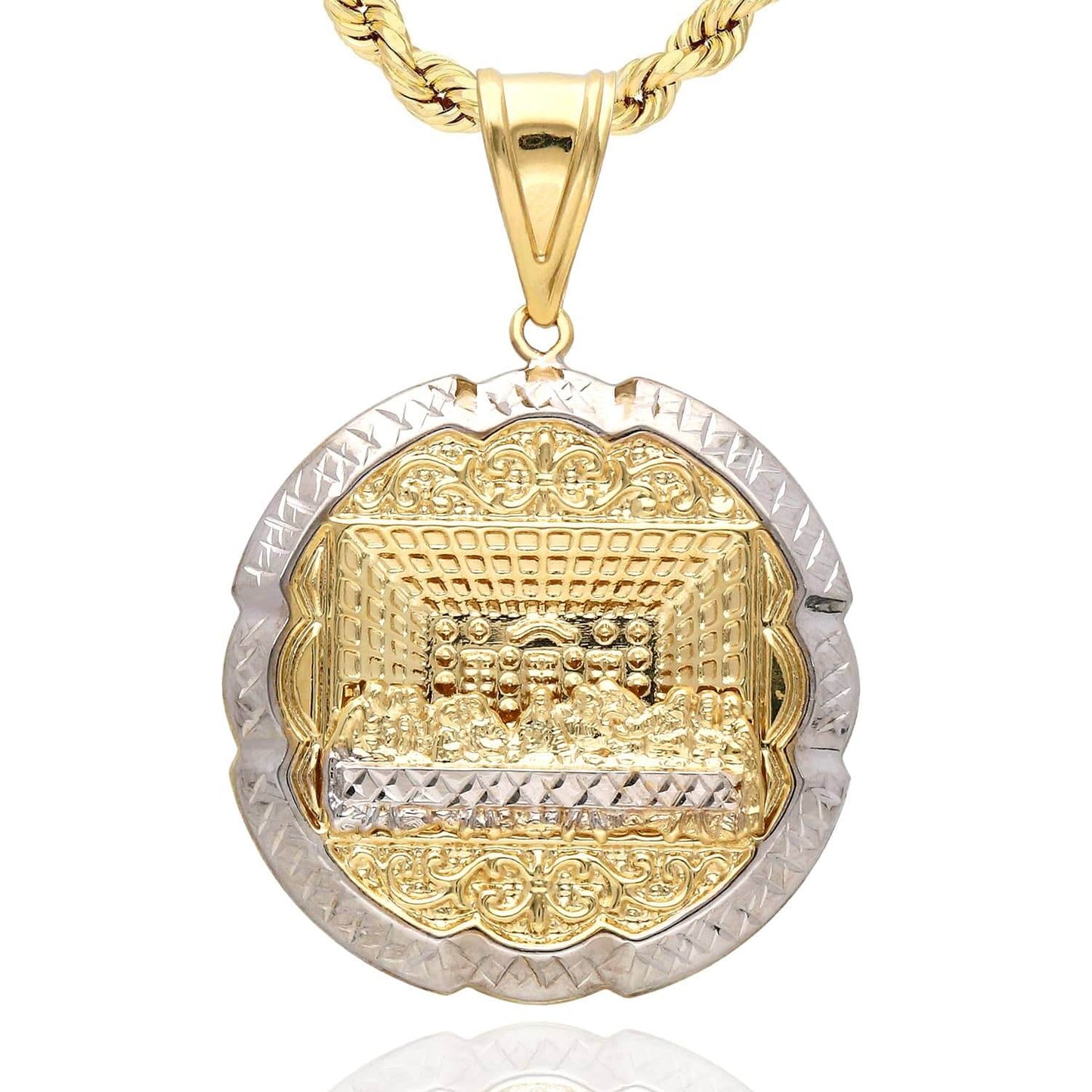 14K Gold Diamond-Cut 3D Apostles The Last Supper Round Pendant 1"-2"