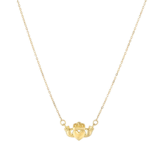 14K Yellow Gold Heart Crown Claddagh Necklace (Solid Links) 17"