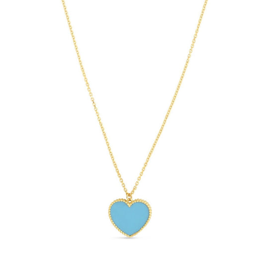 14K Yellow Gold Turquoise Heart Necklace (Hollow) Adjustable 17"-18"