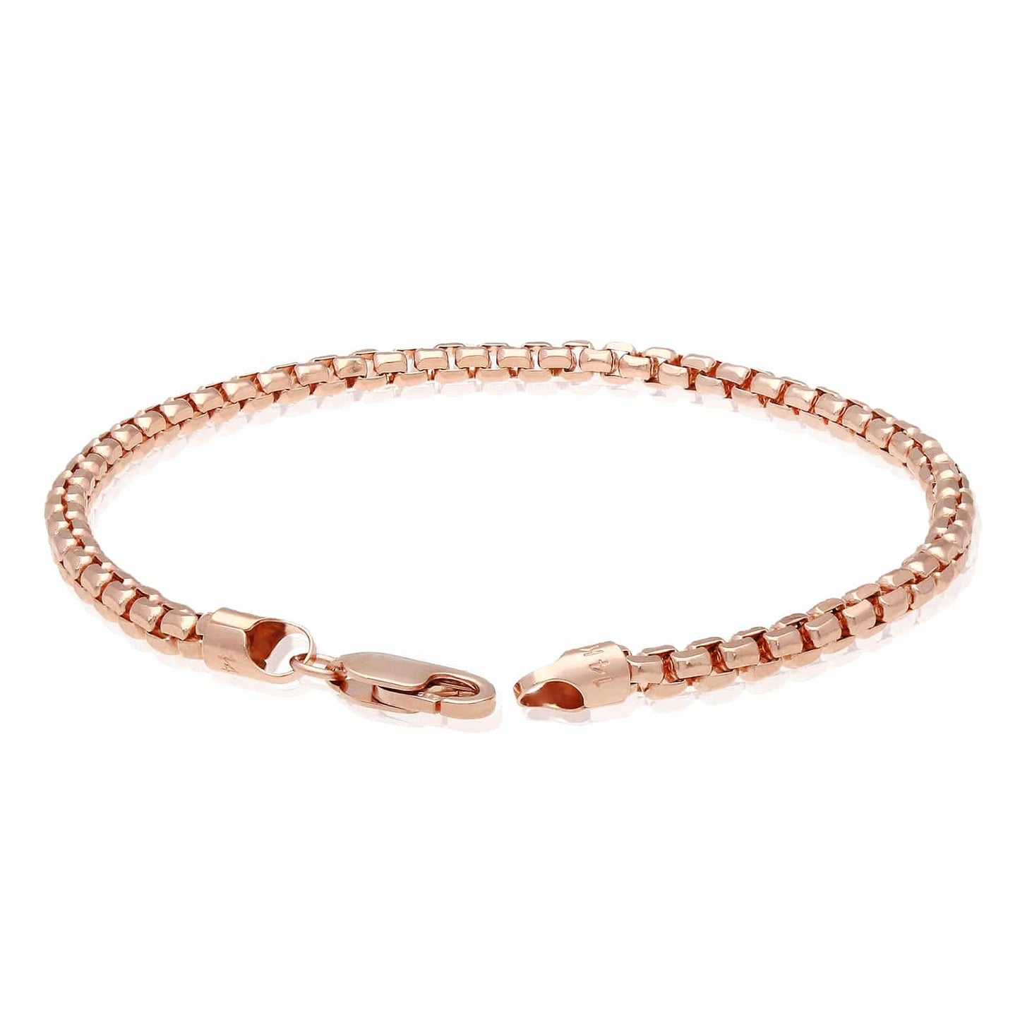14K Rose Gold 3.5mm Round Box Bracelet (Solid Links) 8"