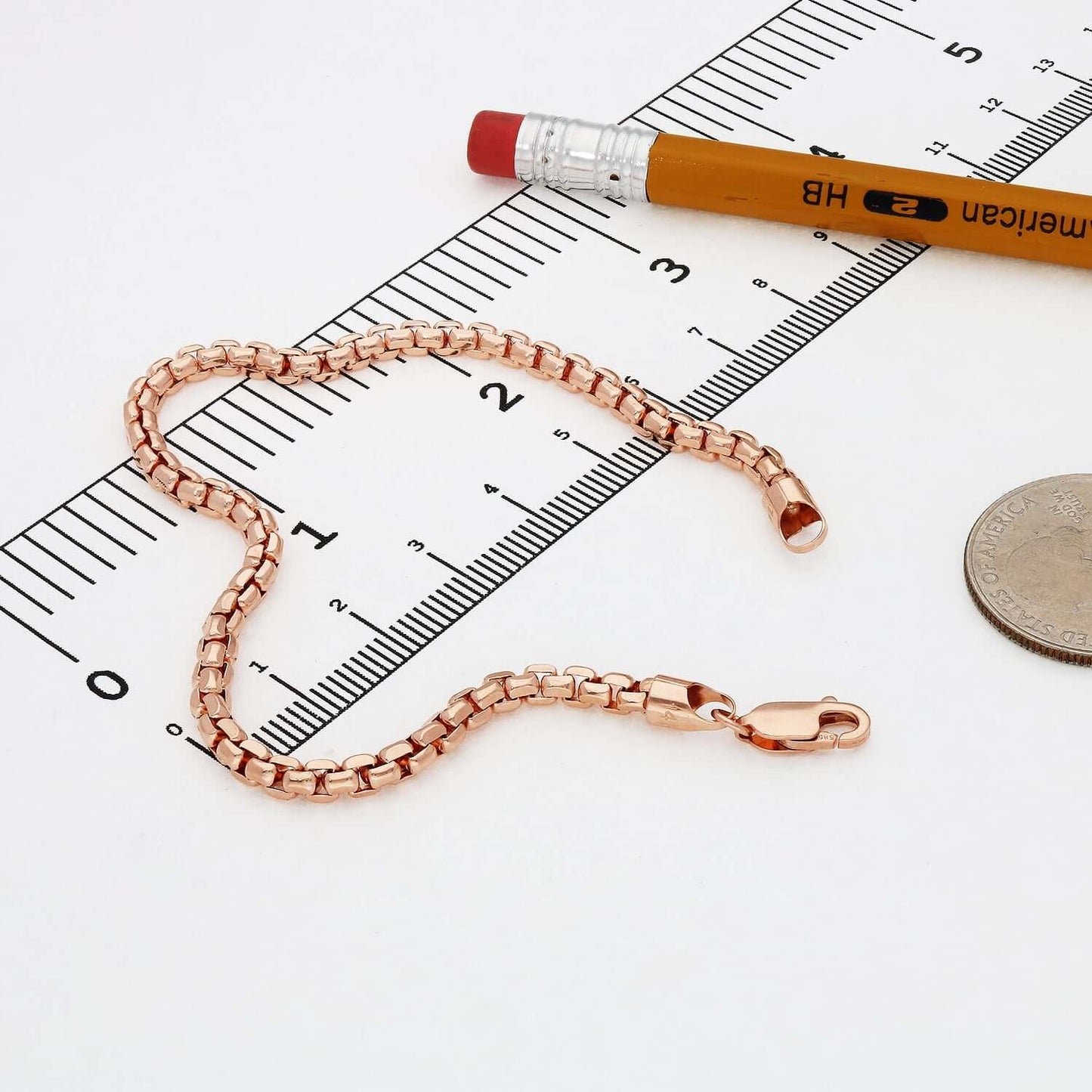 14K Rose Gold 3.5mm Round Box Bracelet (Solid Links) 8"