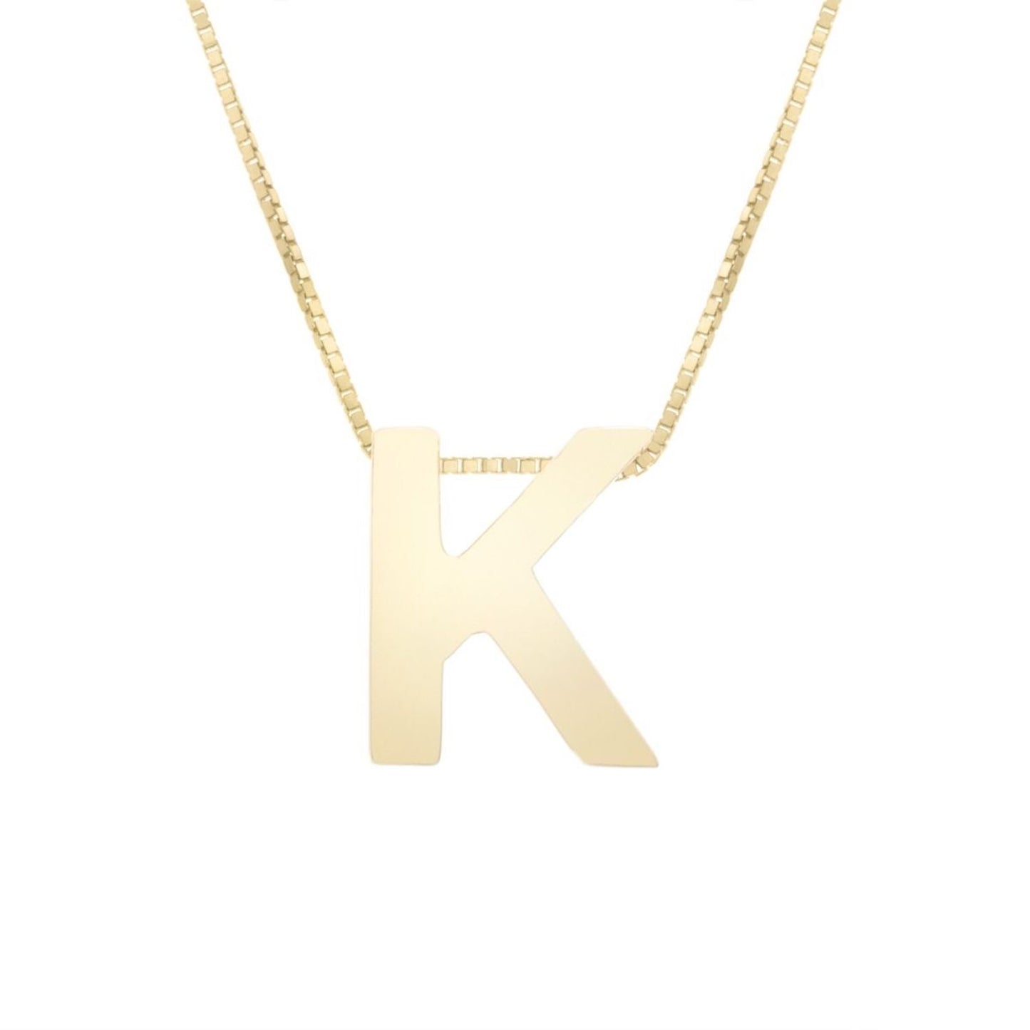 14K Gold Block Letter Initial Pendant Box Chain Necklace 16"-18"