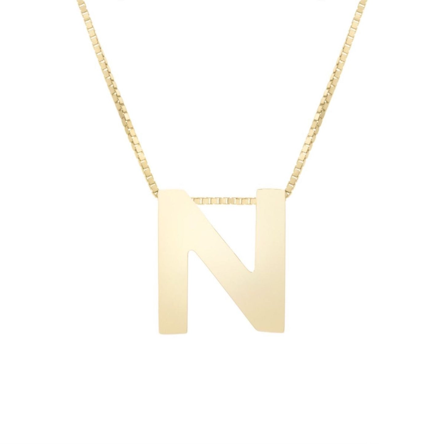 14K Gold Block Letter Initial Pendant Box Chain Necklace 16"-18"