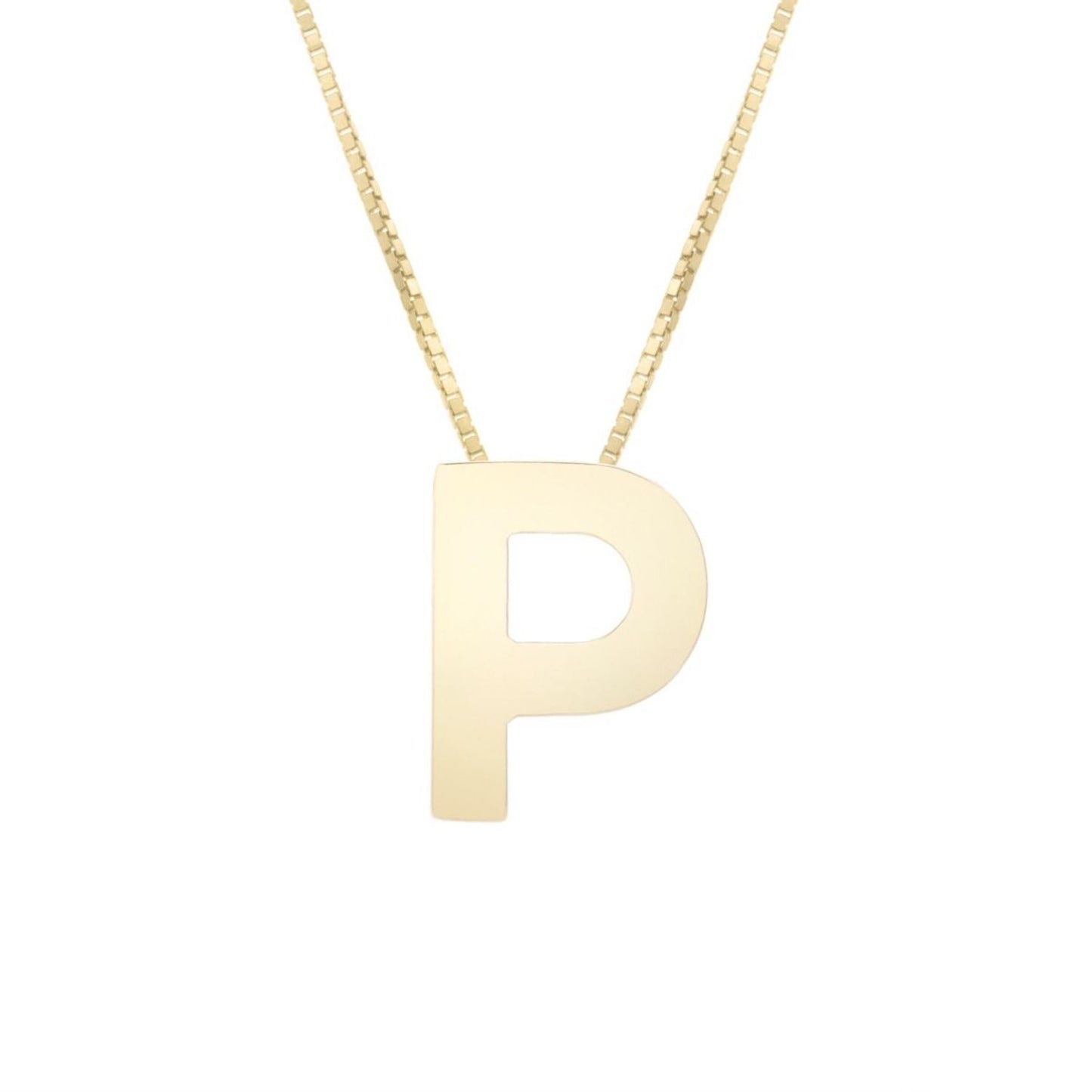 14K Gold Block Letter Initial Pendant Box Chain Necklace 16"-18"