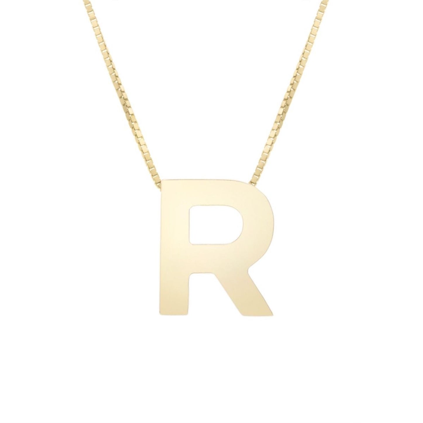 14K Gold Block Letter Initial Pendant Box Chain Necklace 16"-18"