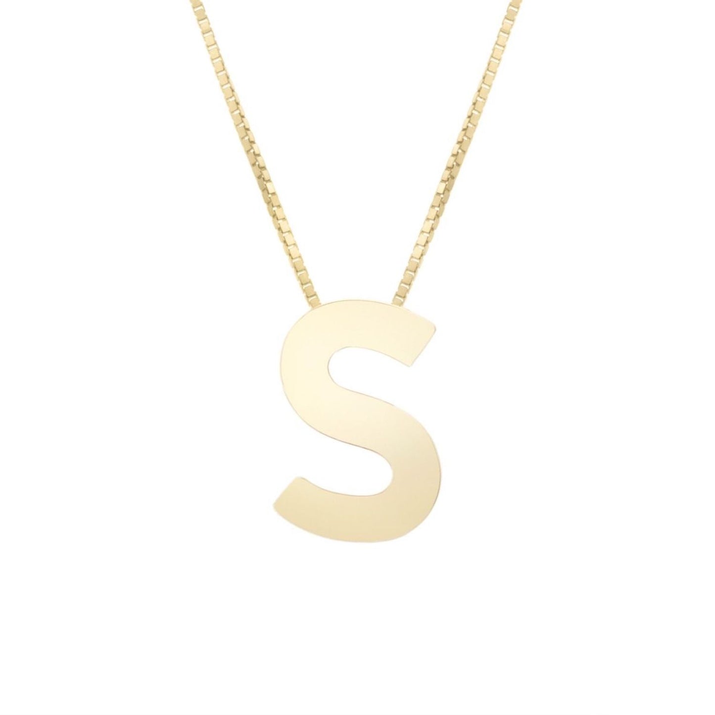 14K Gold Block Letter Initial Pendant Box Chain Necklace 16"-18"