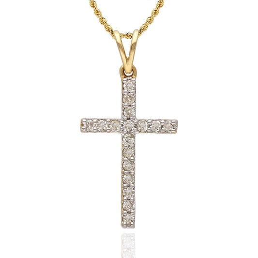 0.25CTW Natural Diamond 14K Yellow Gold White Cross Pendant 1"