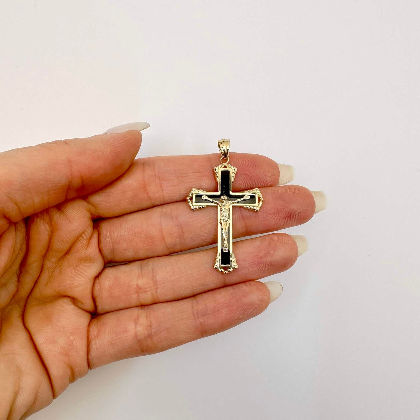14K Gold Black Religious Crucifix Cross Pendant 1.6"
