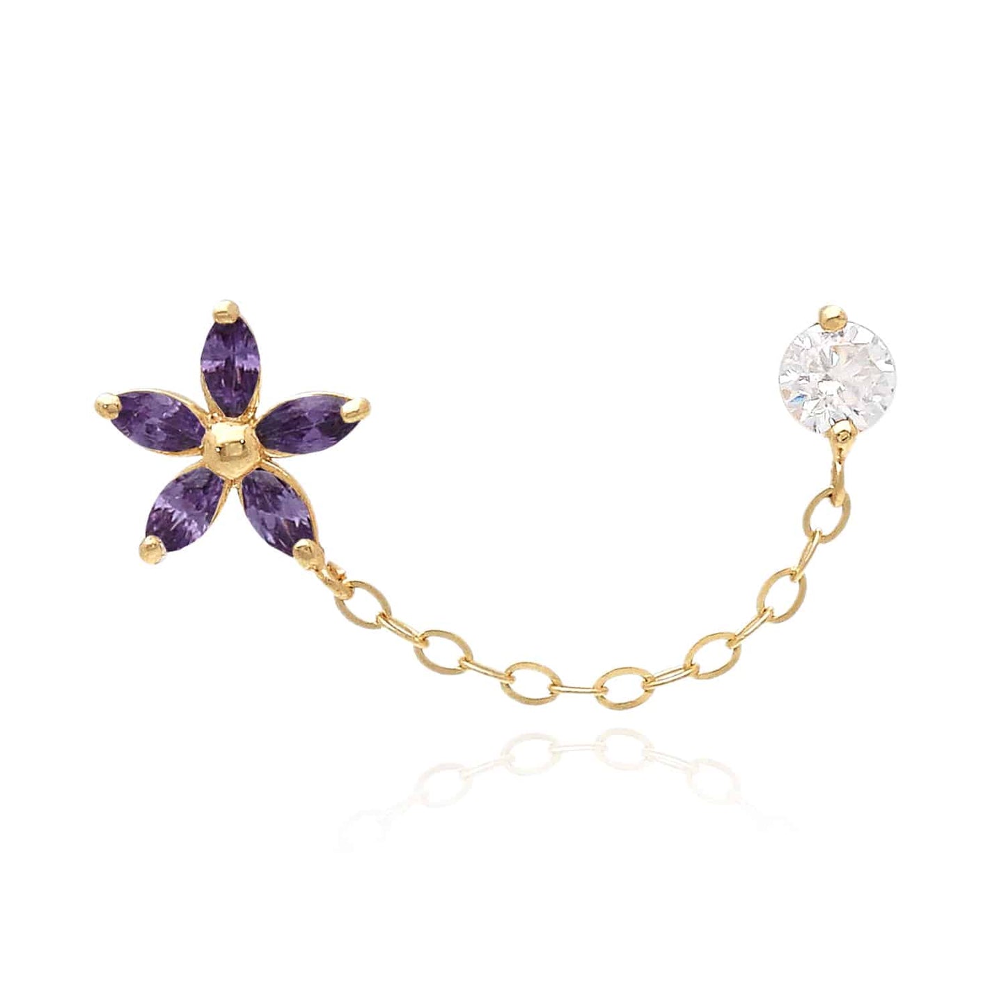 14K Real Gold CZ Flower Stud Double Pierced Earrings