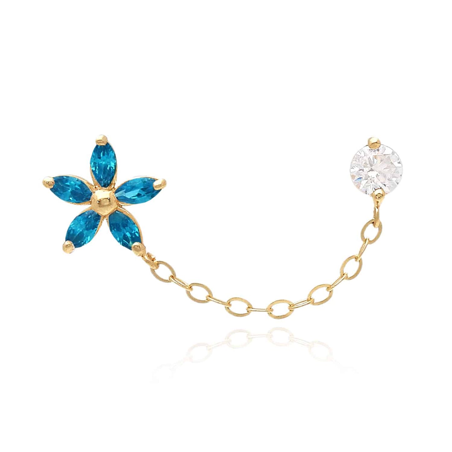 14K Real Gold CZ Flower Stud Double Pierced Earrings