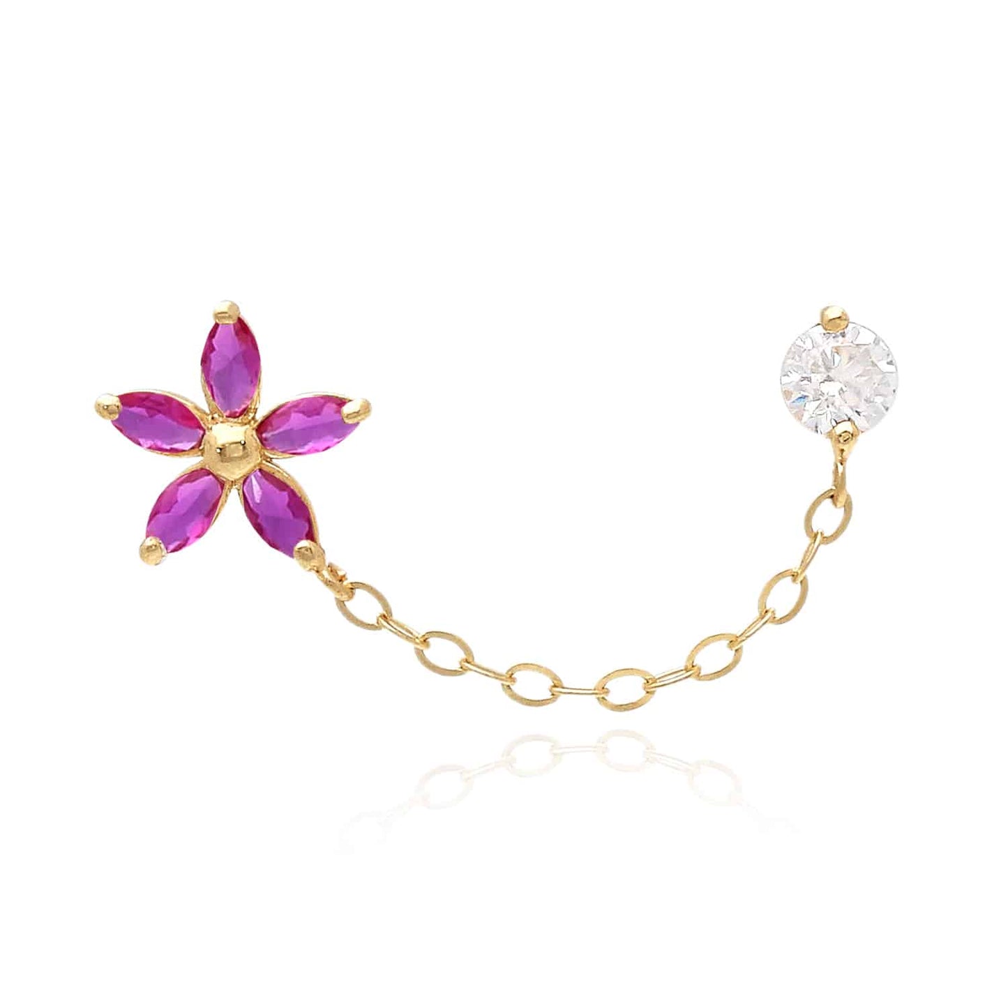 14K Real Gold CZ Flower Stud Double Pierced Earrings